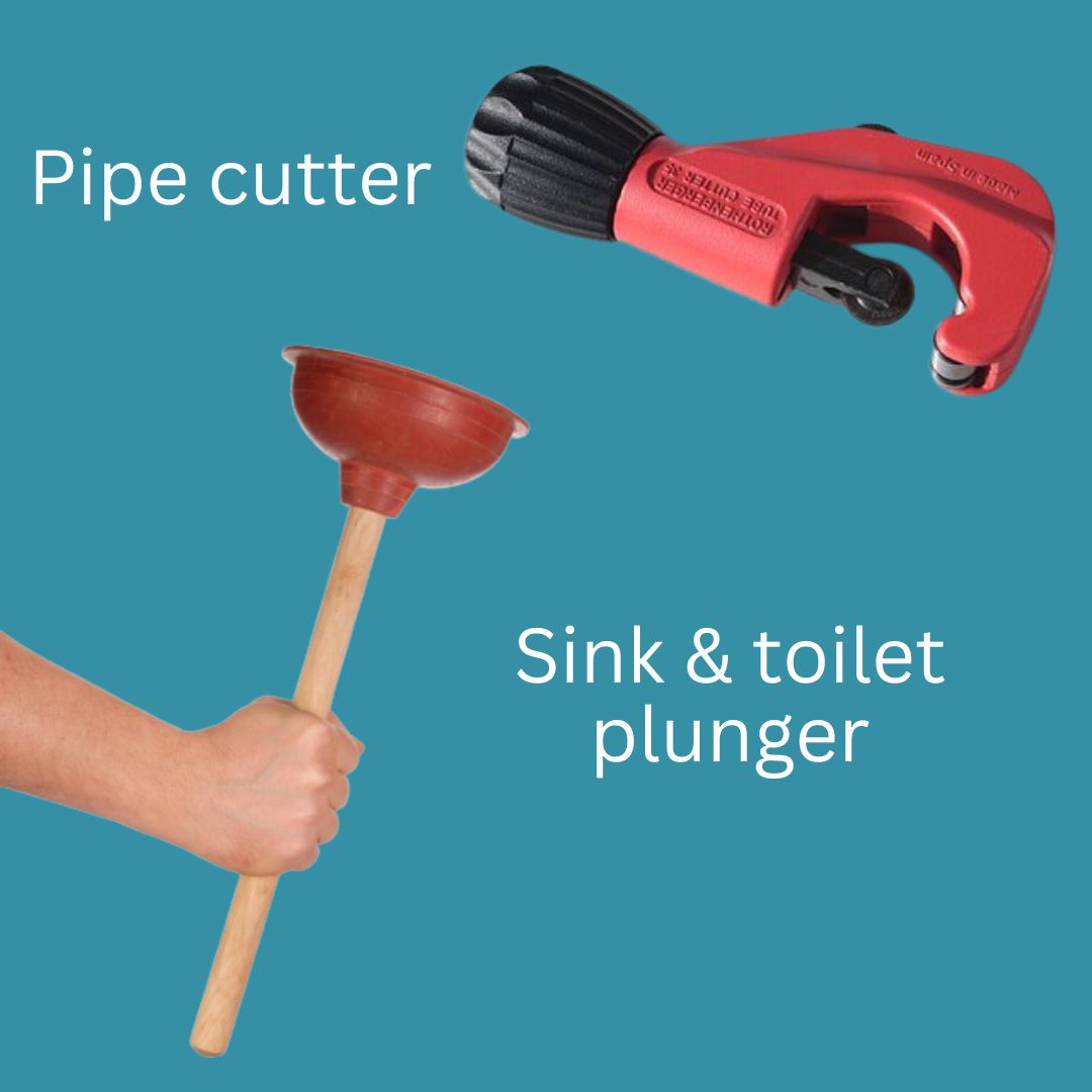 picture of a pipe cutter and sink and toilet plunger