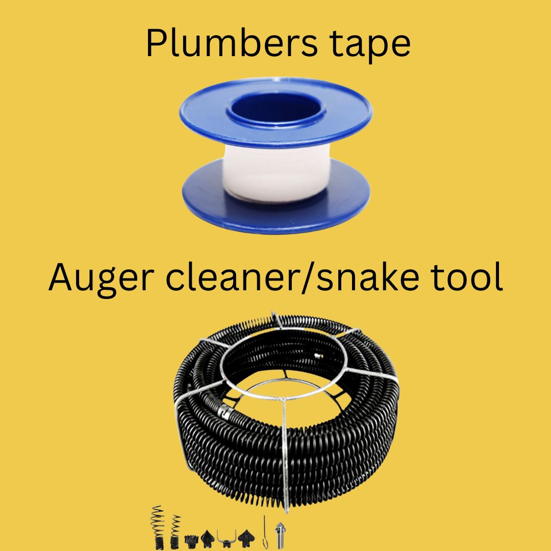 picture of a plumbers tape and auger cleaner/snake tool
